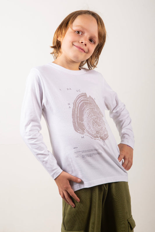 Polera AraucanÃa Niño Blanca Manga Larga - Tencel, Algodón Pima Organico