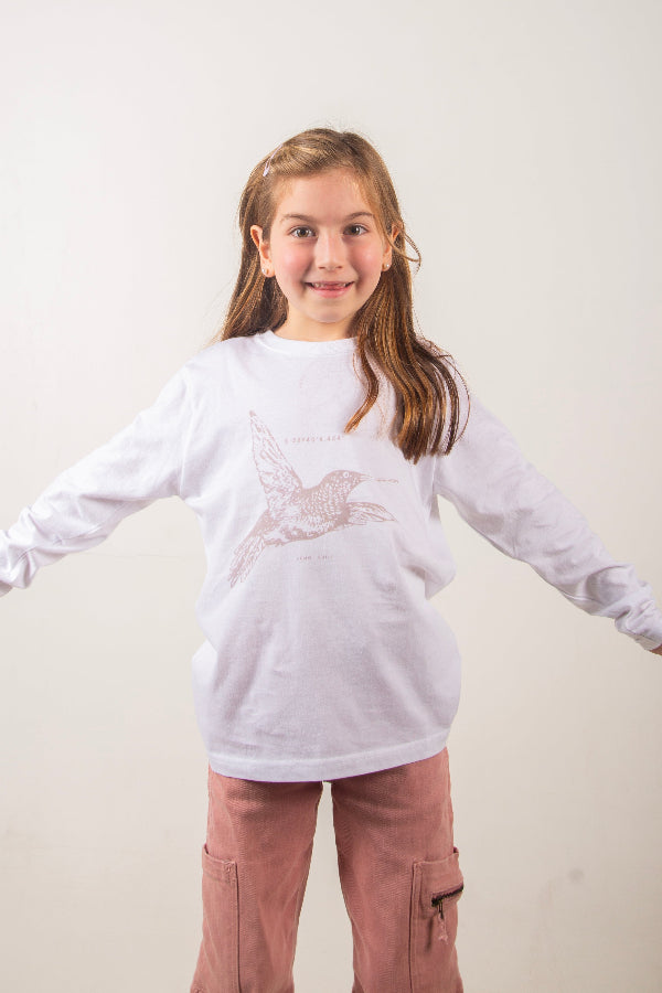 Polera Colibrí Niña Blanca Manga Larga Tencel, Algodón Pima Organico