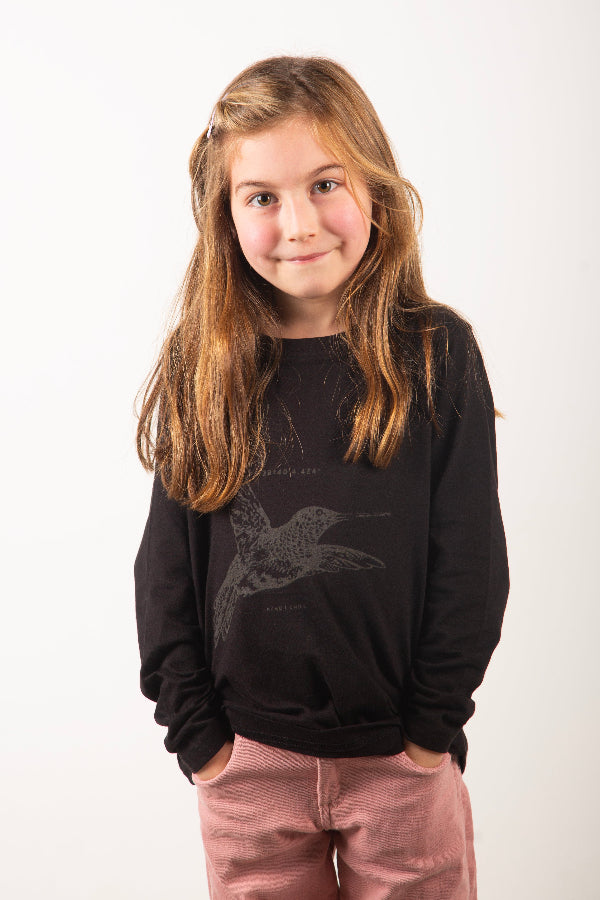 Polera Colibrí Niña Negra Manga Larga - Tencel, Algodón Pima Organico