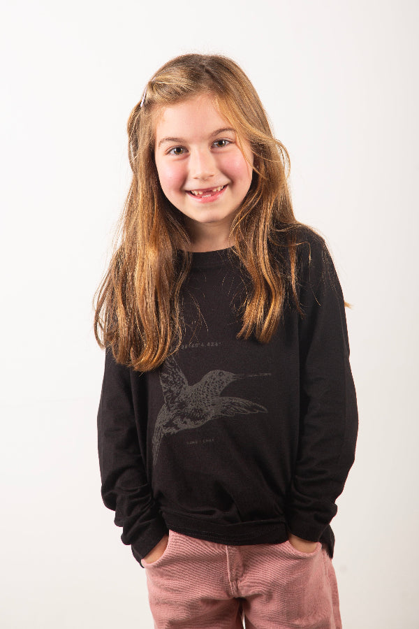 Polera Colibrí Niña Negra Manga Larga - Tencel, Algodón Pima Organico