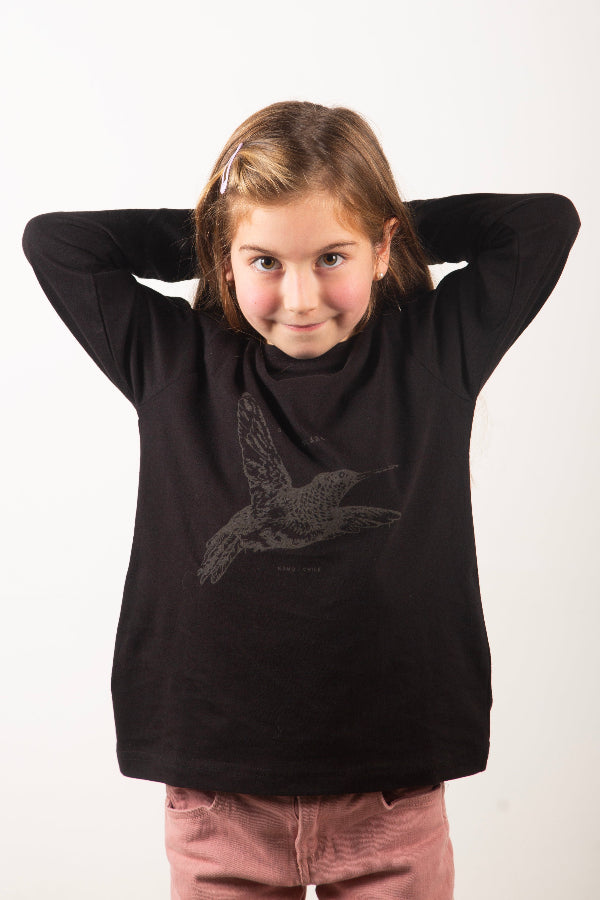 Polera Colibrí Niña Negra Manga Larga - Tencel, Algodón Pima Organico