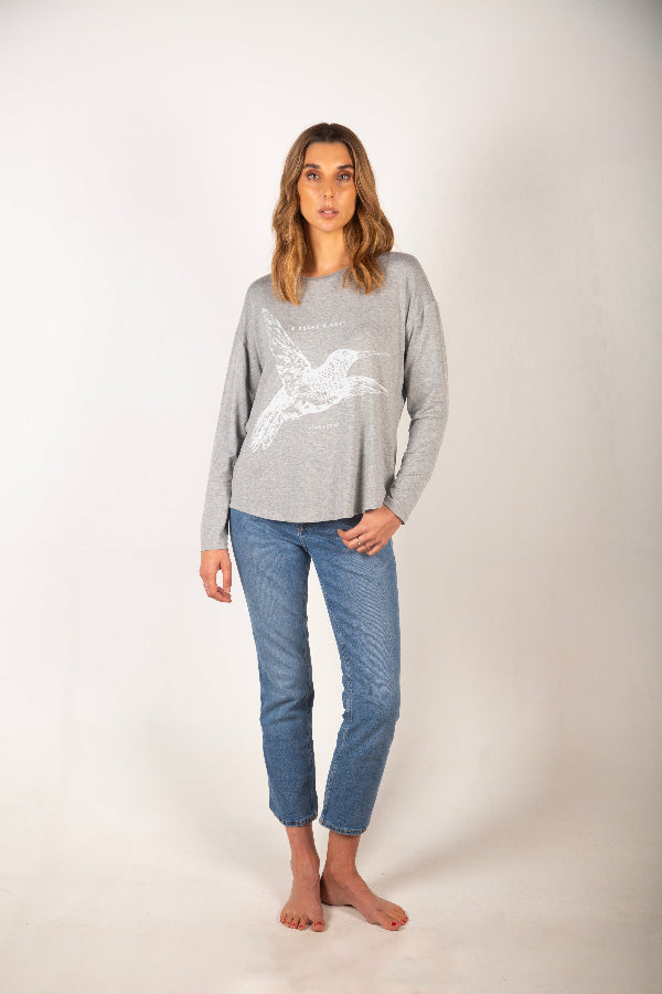 Polera Colibrí Gris Tencel Manga Larga - Orgánico, biodegradable y compostable