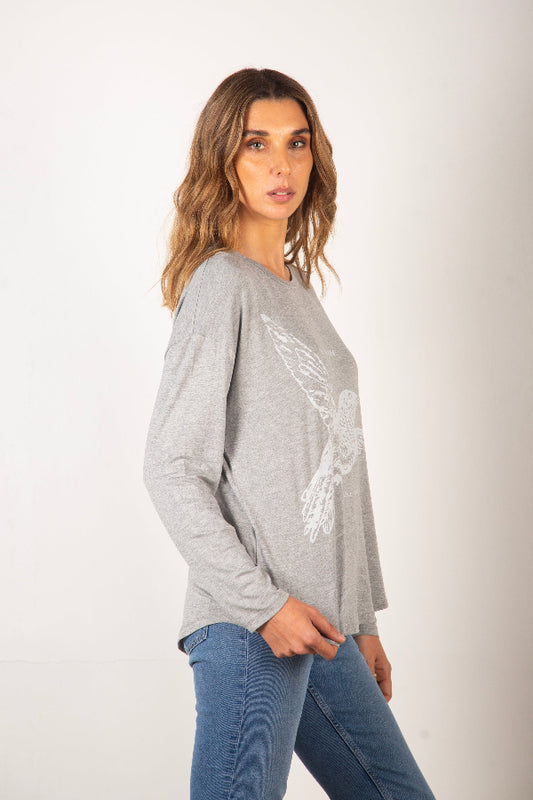 Polera Colibrí Gris Tencel Manga Larga - Orgánico, biodegradable y compostable
