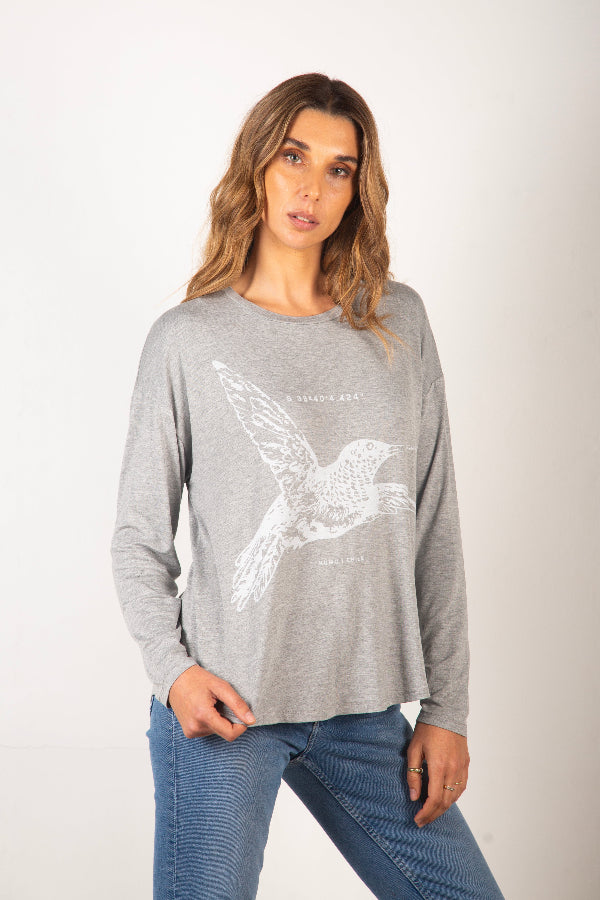 Polera Colibrí Gris Tencel Manga Larga - Orgánico, biodegradable y compostable