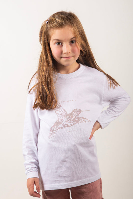 Polera Colibrí Niña Blanca Manga Larga - Tencel, Algodón Pima Organico