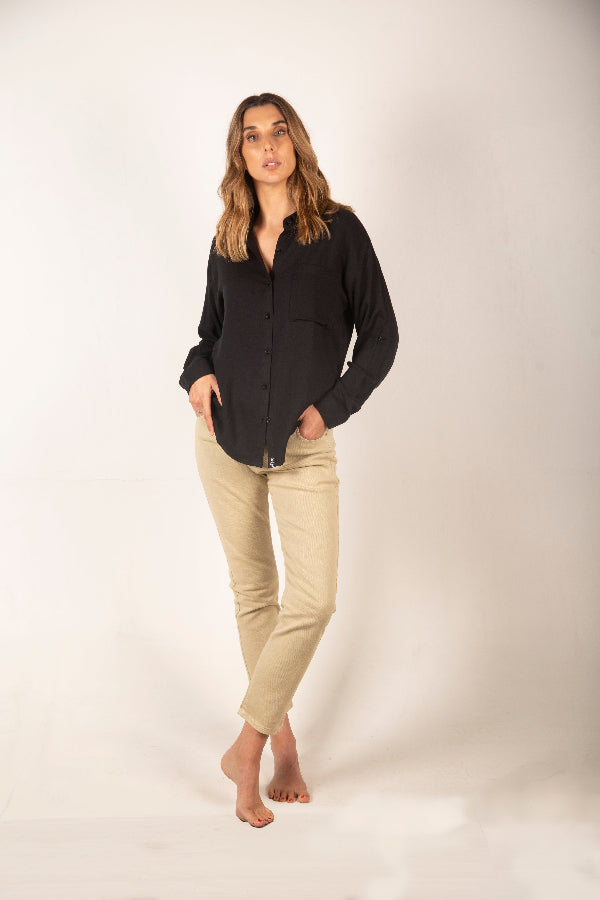 Blusa Mujer Negra Manga Larga  - Tencel, Orgánico