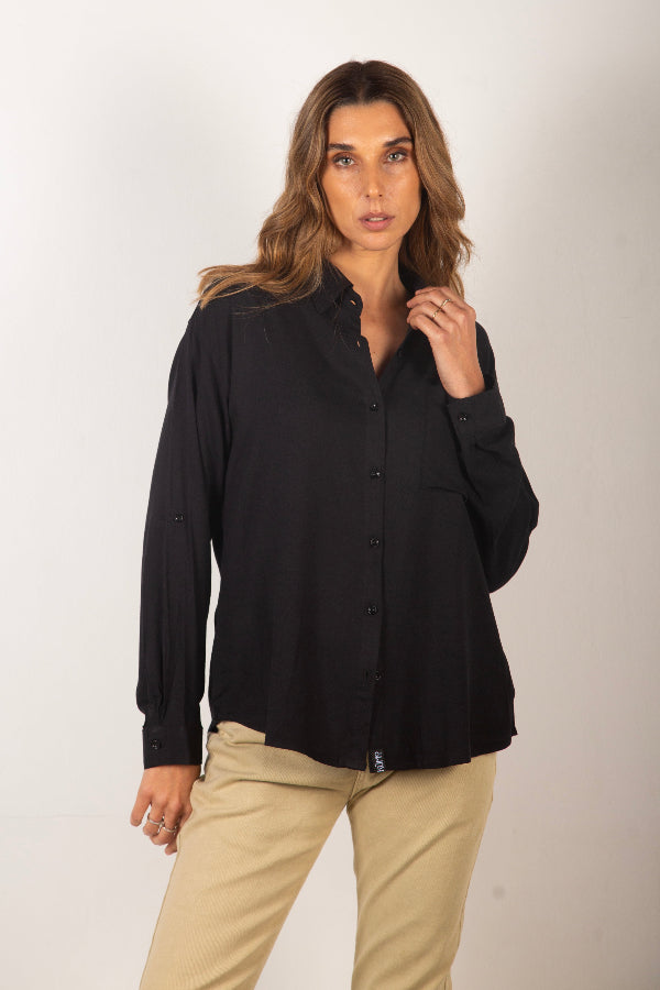 Blusa Mujer Negra Manga Larga  - Tencel, Orgánico